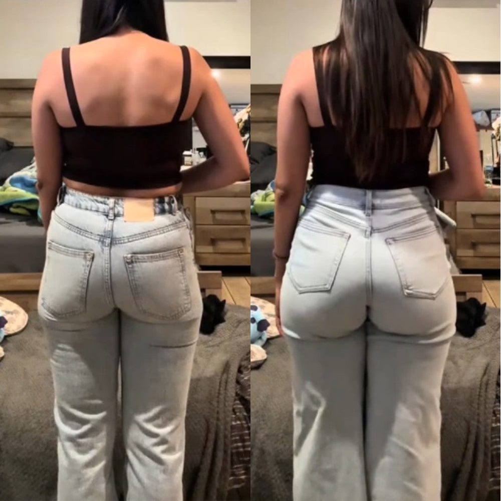 Side-by-side before and BBL Curve denim fit
