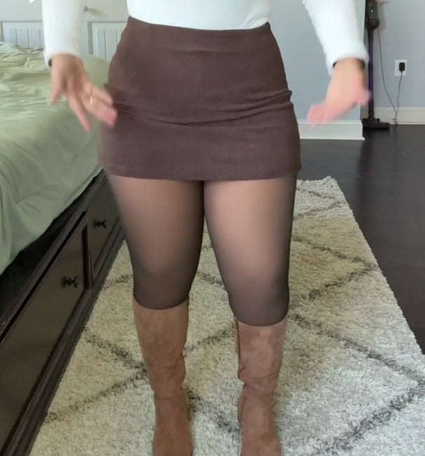 After: the same legs in the shaping fleece-lined tights, smooth and natural-looking