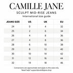 Camille Jane Sculpt Mid-Rise Jeans international size guide, sizes 24 to 32 with approximate US, UK and EU conversions.