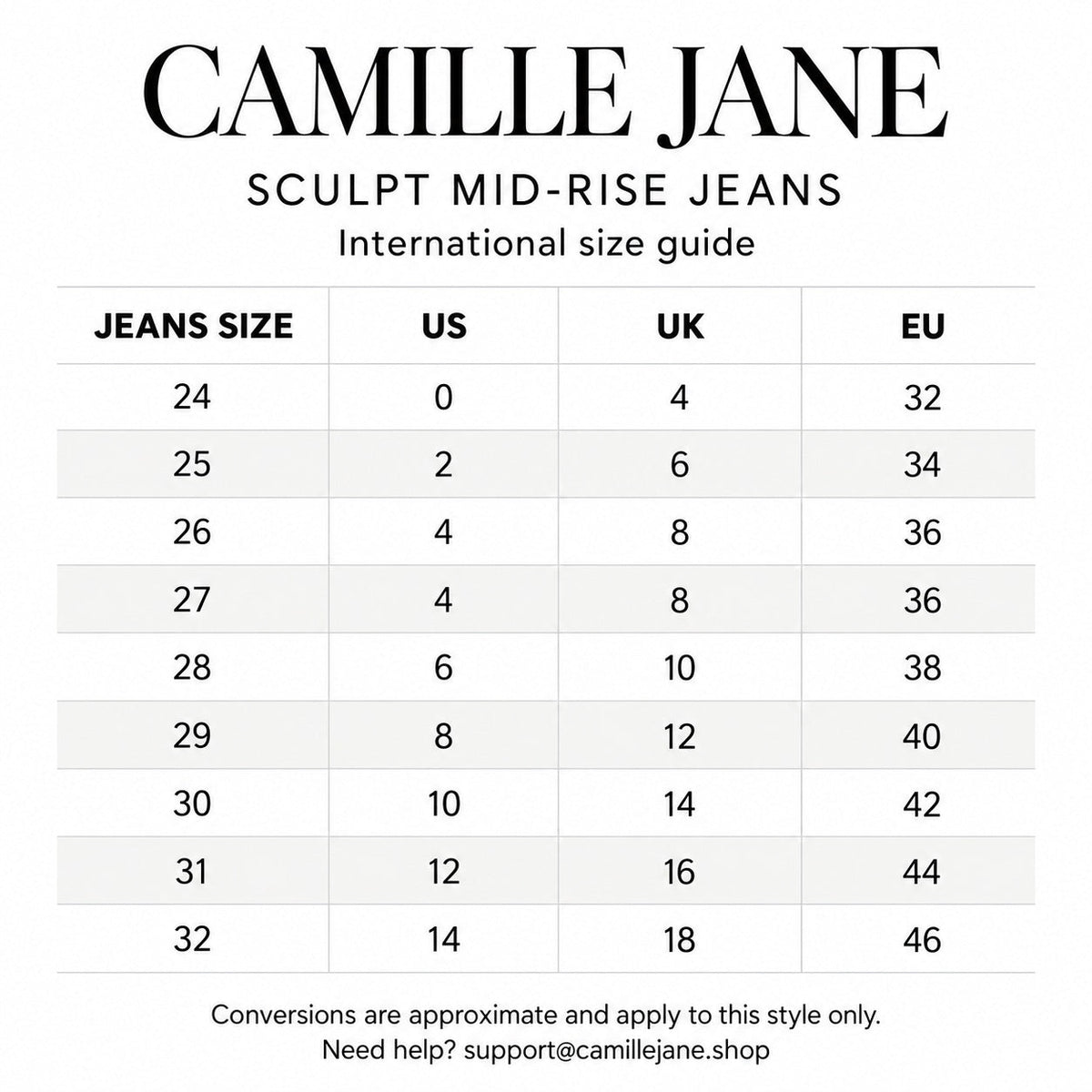 Camille Jane Sculpt Mid-Rise Jeans international size guide, sizes 24 to 32 with approximate US, UK and EU conversions.