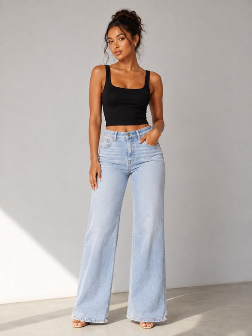 Camille Jane Sculpt Mid-Rise Jeans in light blue wash — full length front view