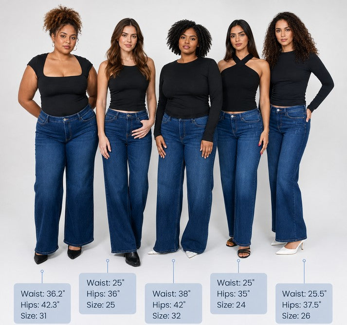 BBL Curve Jeans on five models, with waist, hip and size details