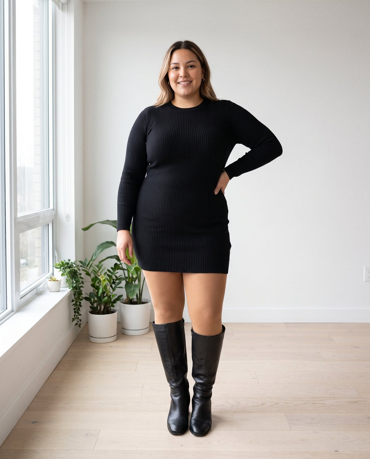 Plus-size woman in a black mini dress, knee boots and Tan shaping fleece-lined tights