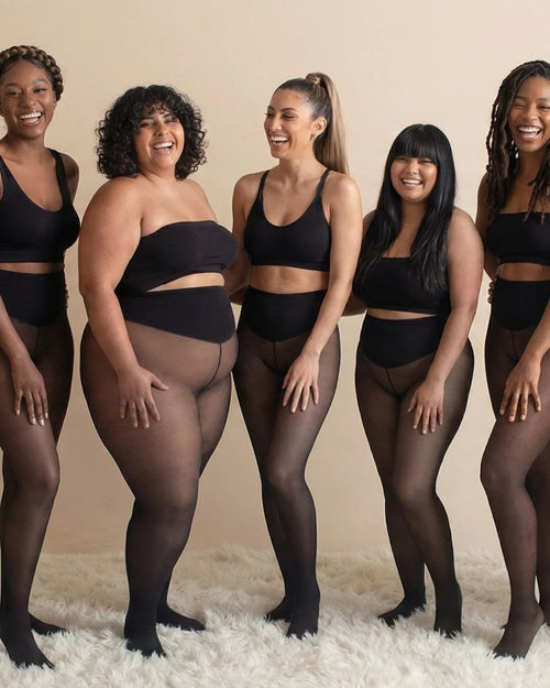 Five women from XS to plus size wearing Camille Jane shaping fleece-lined tights with the high black waistband