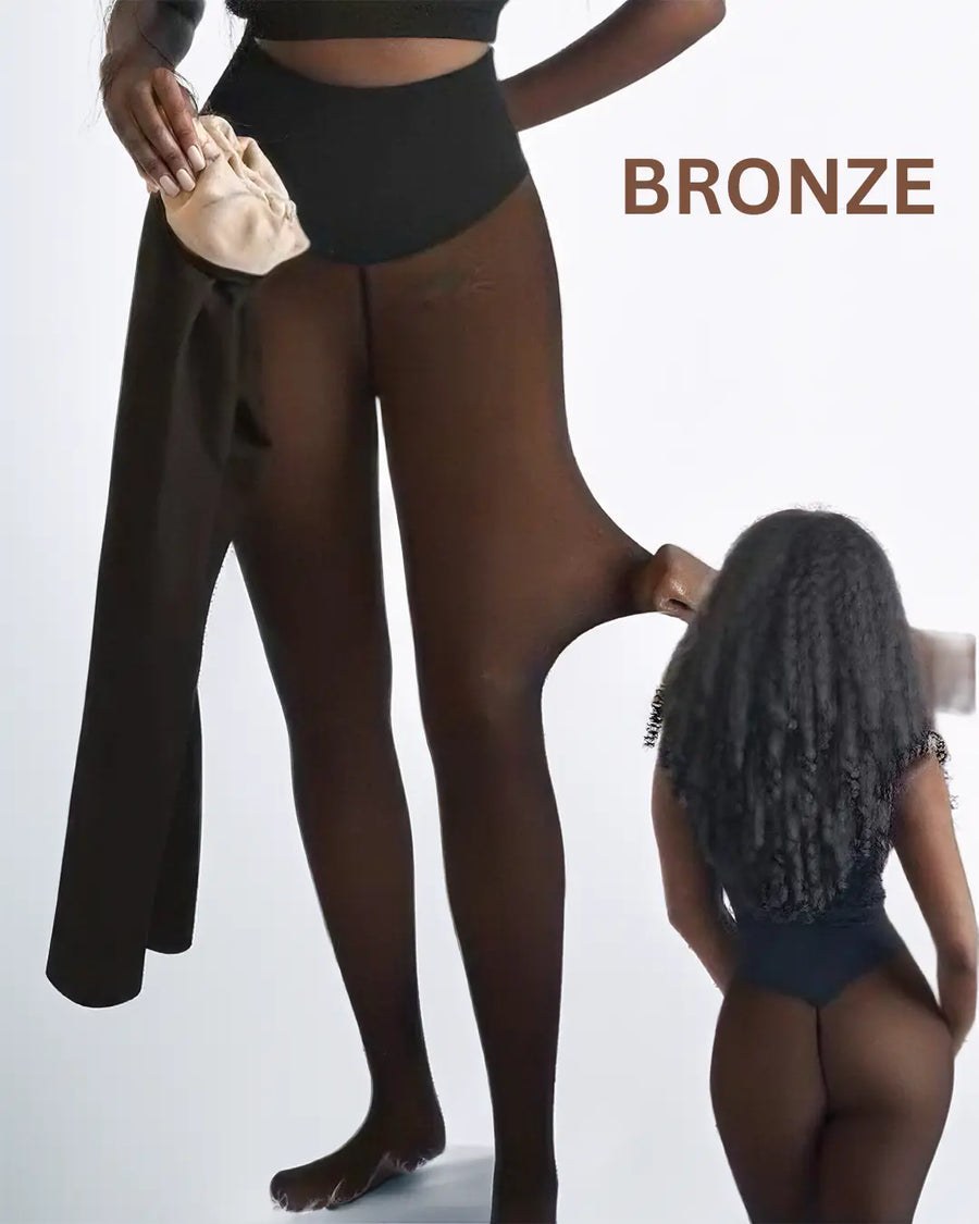 Bronze shade on medium to deep skin, with the fleece lining shown and the knit stretched by hand