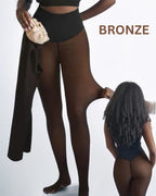 Bronze shade on medium to deep skin, with the fleece lining shown and the knit stretched by hand