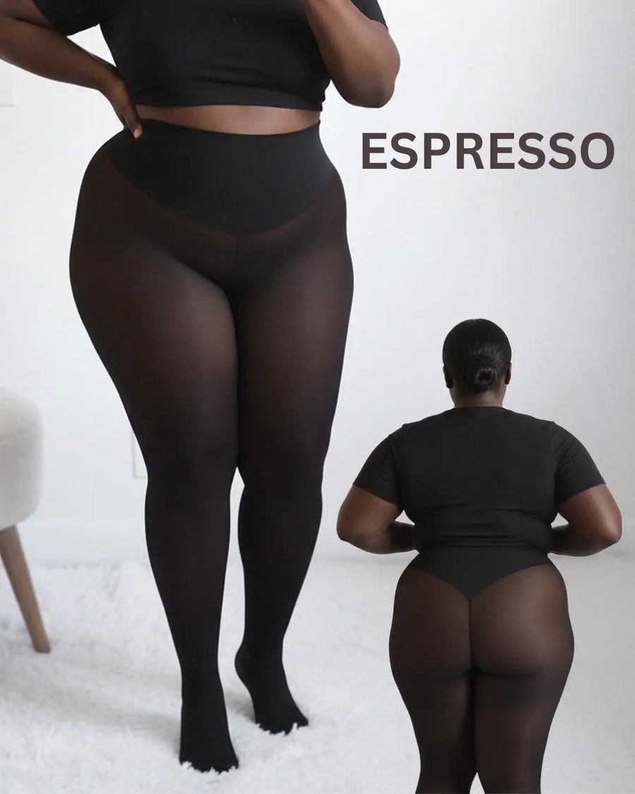 Espresso shade on a plus-size woman, front and back