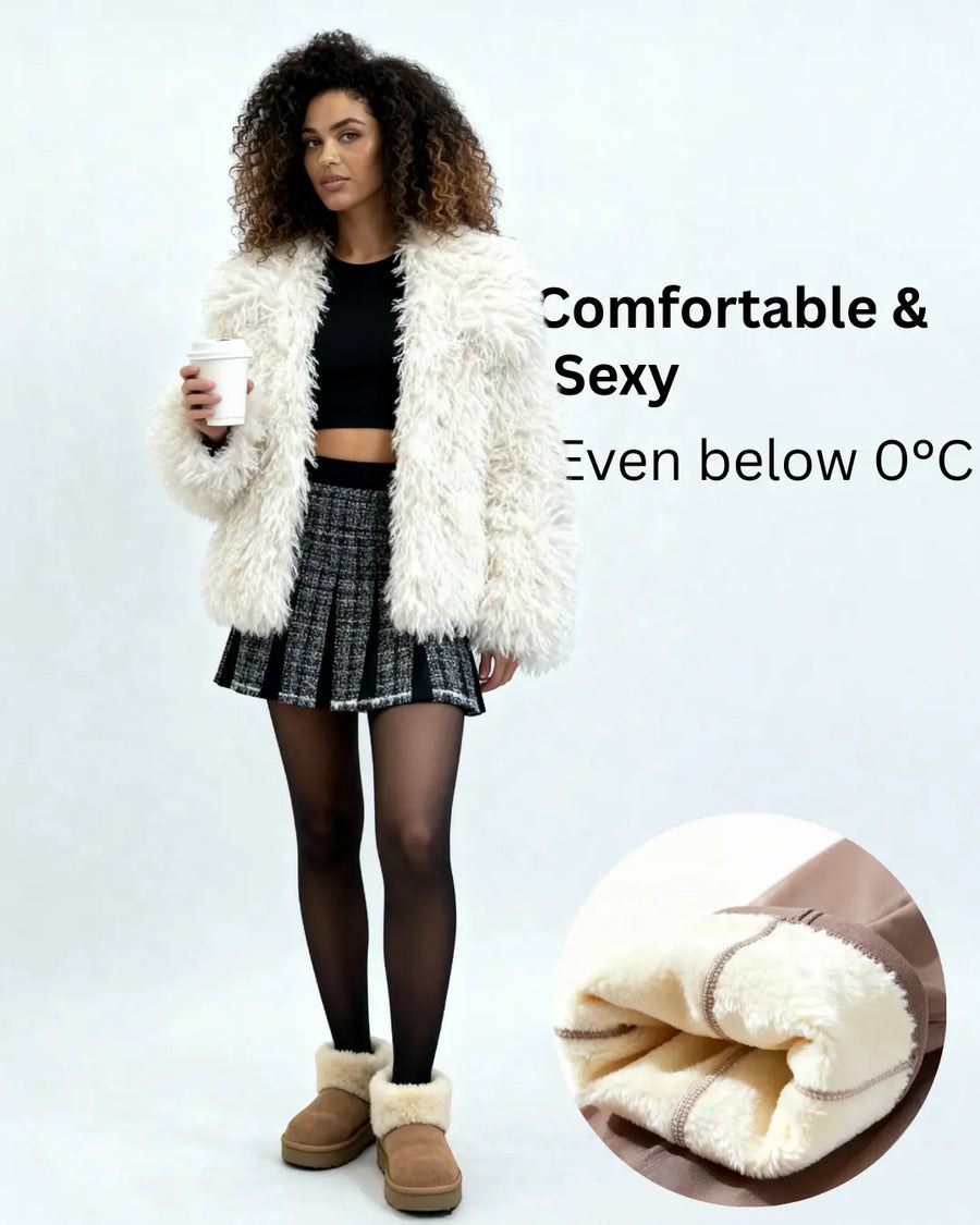 Fleece-lined tights worn with a mini skirt and a faux fur coat, with a close-up of the soft fleece lining