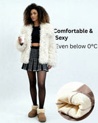 Fleece-lined tights worn with a mini skirt and a faux fur coat, with a close-up of the soft fleece lining