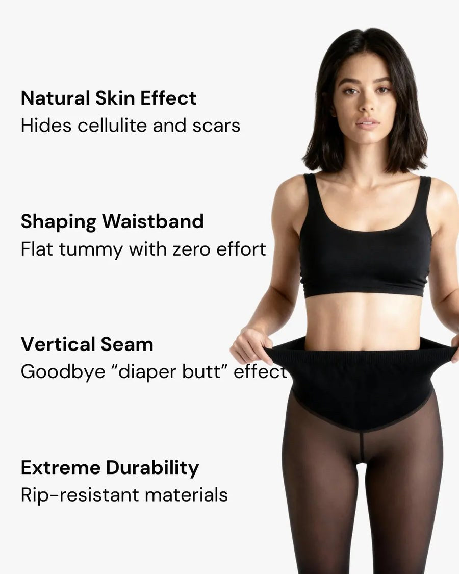 Natural skin effect, shaping waistband, single back seam and rip-resistant knit, explained on a model
