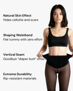 Natural skin effect, shaping waistband, single back seam and rip-resistant knit, explained on a model