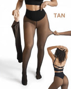 Tan shade on tanned skin, with the fleece lining shown and the knit stretched by hand