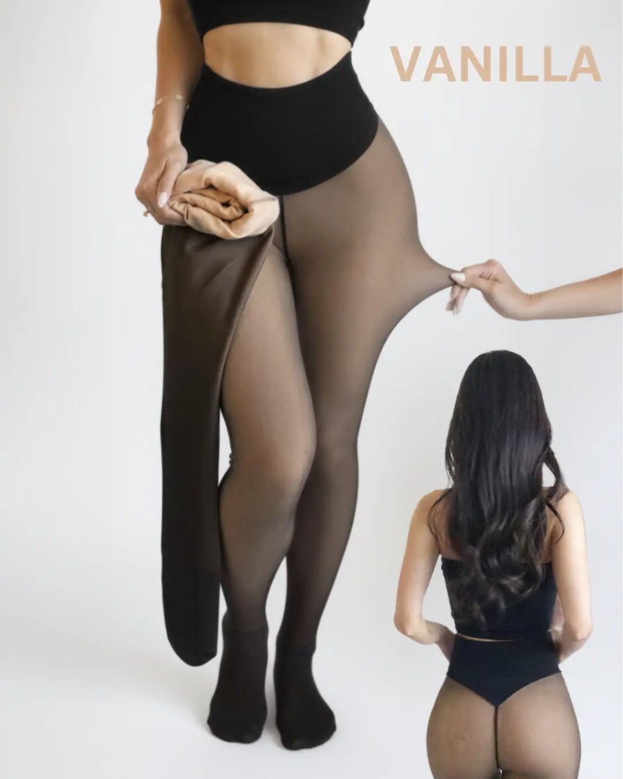 Vanilla shade on fair skin, with the fleece lining shown and the knit stretched by hand