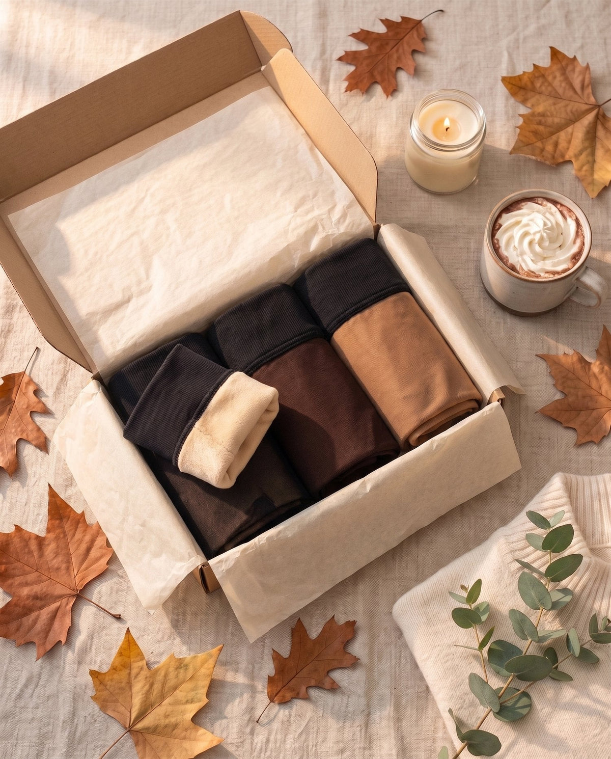 Three pairs of shaping fleece-lined tights folded in a gift box: Espresso, Bronze and Tan