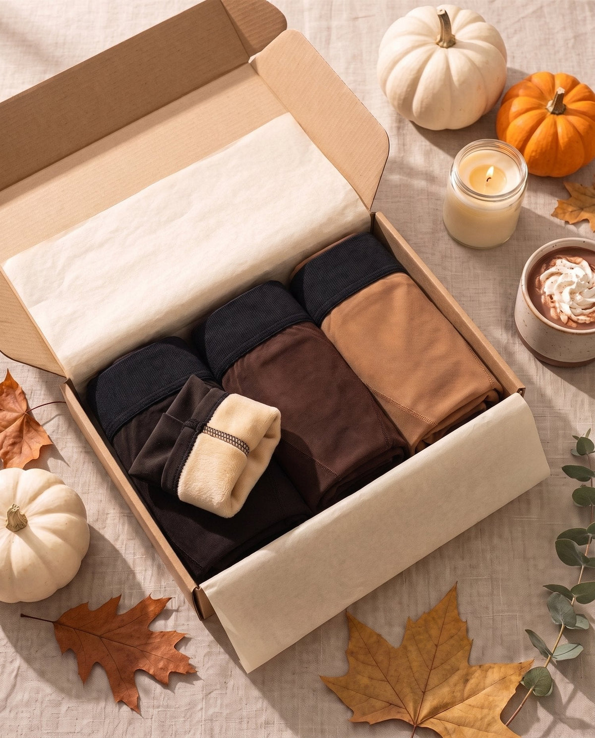 Three pairs of shaping fleece-lined tights in a box with pumpkins: Espresso, Bronze and Tan