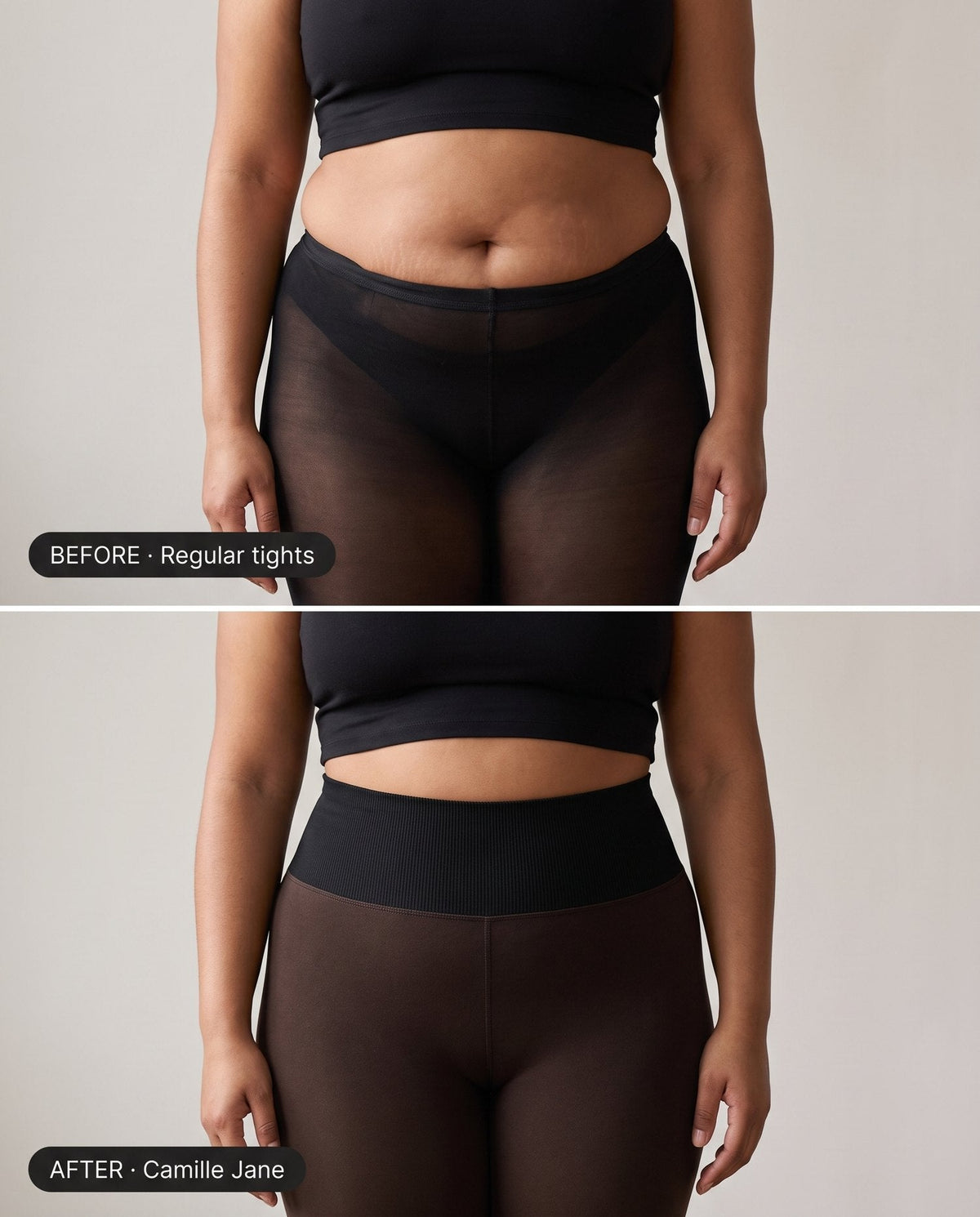 Before: regular tights rolling under the tummy. After: the Camille Jane shaping waistband sitting flat